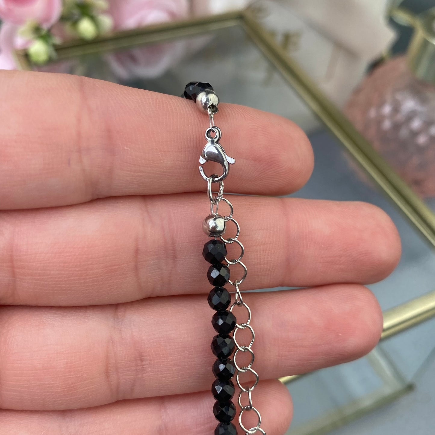 Black Tourmaline necklace (Black Tourmaline 4mm, polished shape, adjustable length: 40cm + chain 5cm)