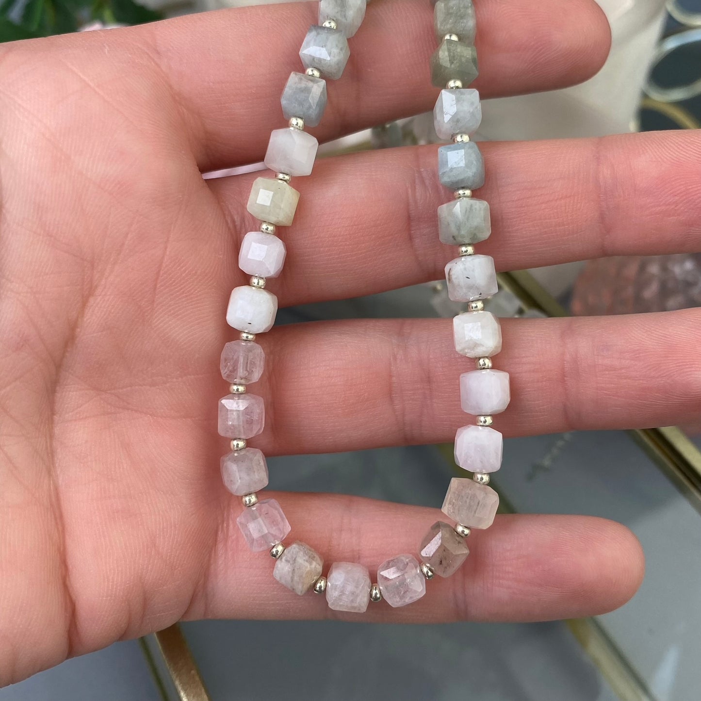 Beryl necklace (Beryl 6mm, polished shape, adjustable length: 42cm+chain 6cm)