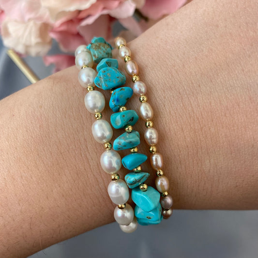 River Pearl and pressed Turquoise bracelet in 3 rows