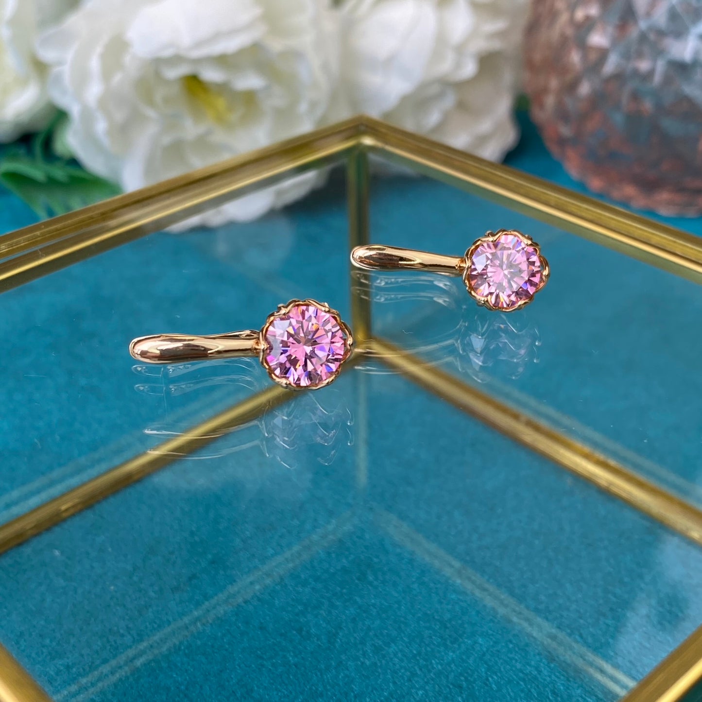 Gold Plated Stainless Steel Earrings with decorative pink crystal
