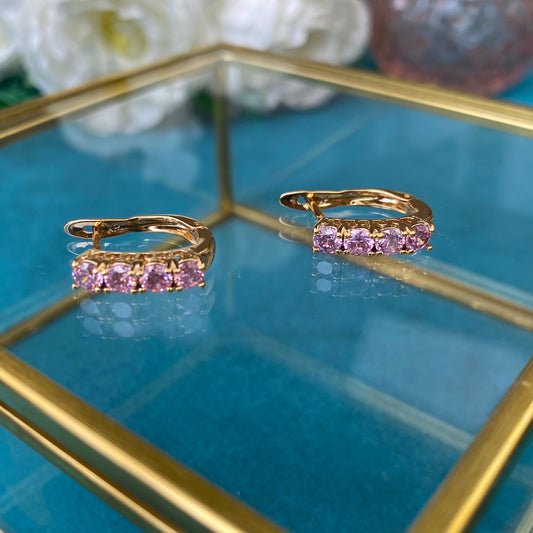 Gold Plated Stainless Steel Earrings with pink decorative crystals