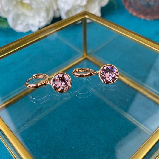 Gold Plated Stainless Steel Earrings-rings with decorative pale pink crystal