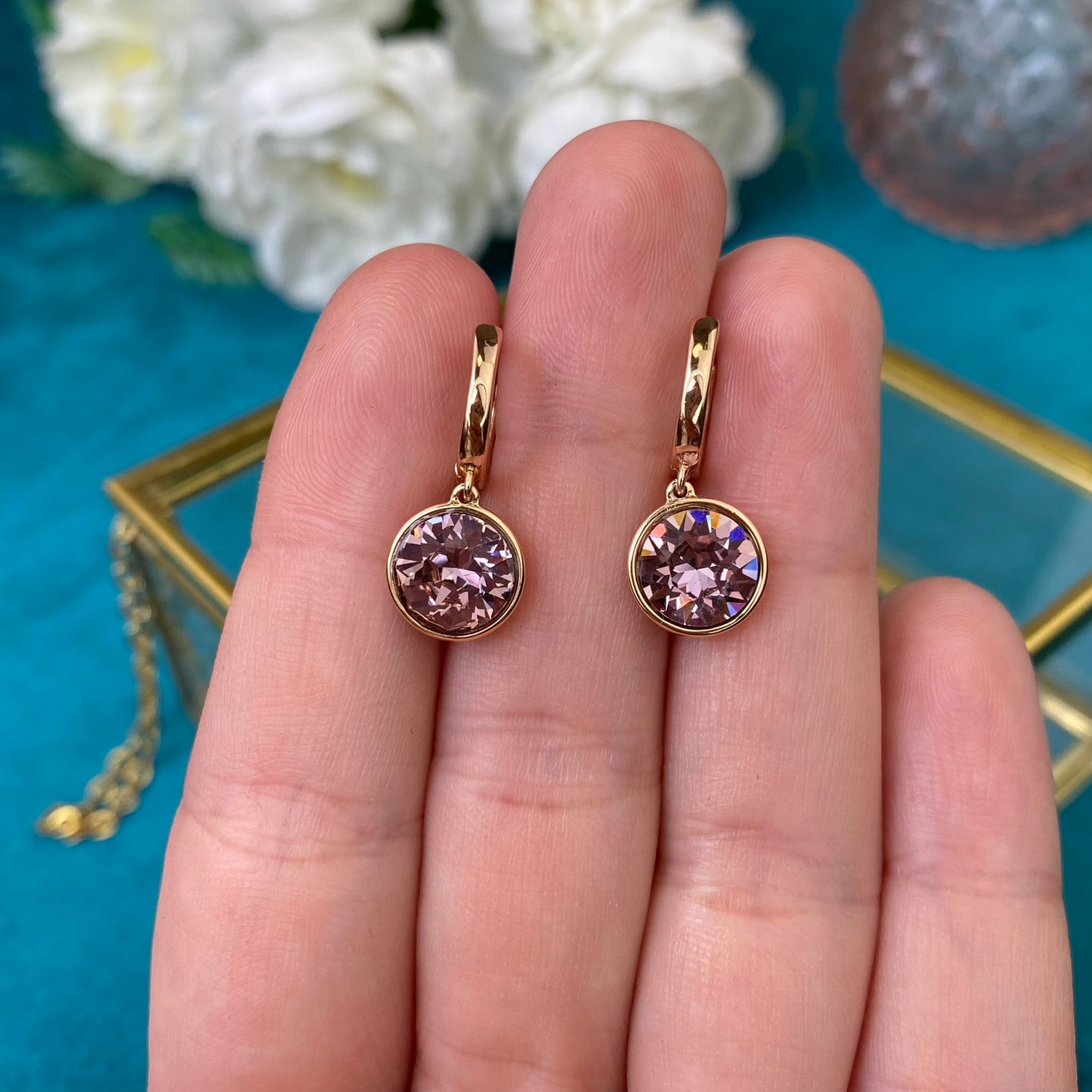Gold Plated Stainless Steel Earrings-rings with decorative pale pink crystal
