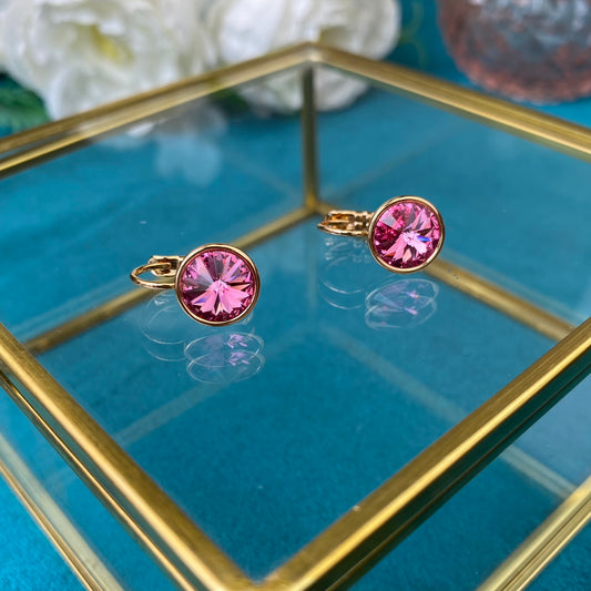 Gold Plated Stainless Steel Earrings with  pink decorative crystal