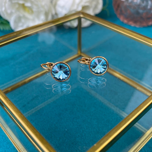Gold Plated Stainless Steel Earrings with  blue decorative crystal