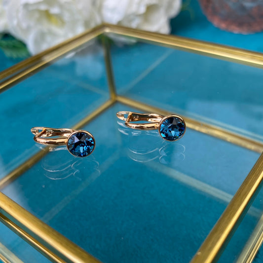 Gold Plated Stainless Steel Earrings with dark blue decorative crystal