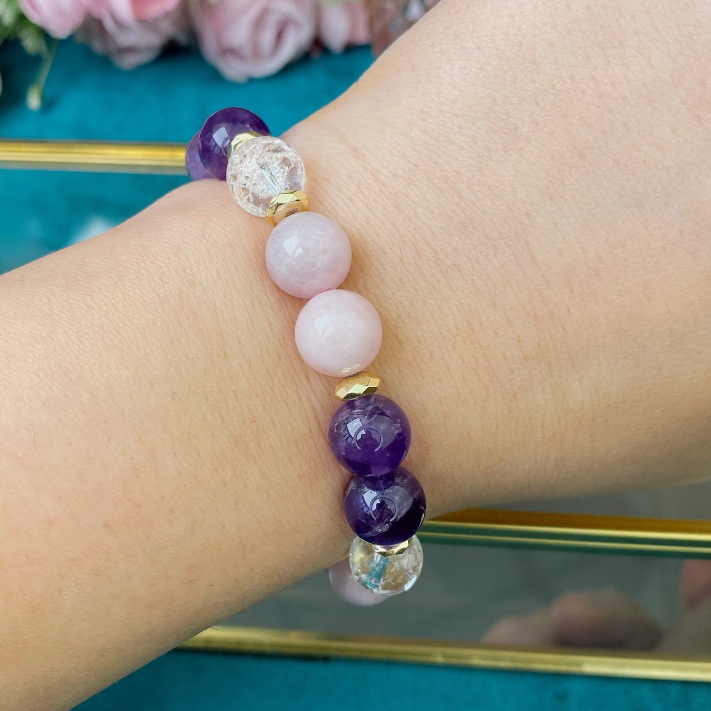Madagascar Rose Quartz bracelet with Amethyst and Clear Quartz (Rose Quartz, Amethyst, Clear Quartz,10mm.For love, harmony and luck)