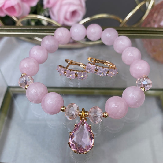 Madagascar Rose Quartz bracelet set with decorative crystals earrings