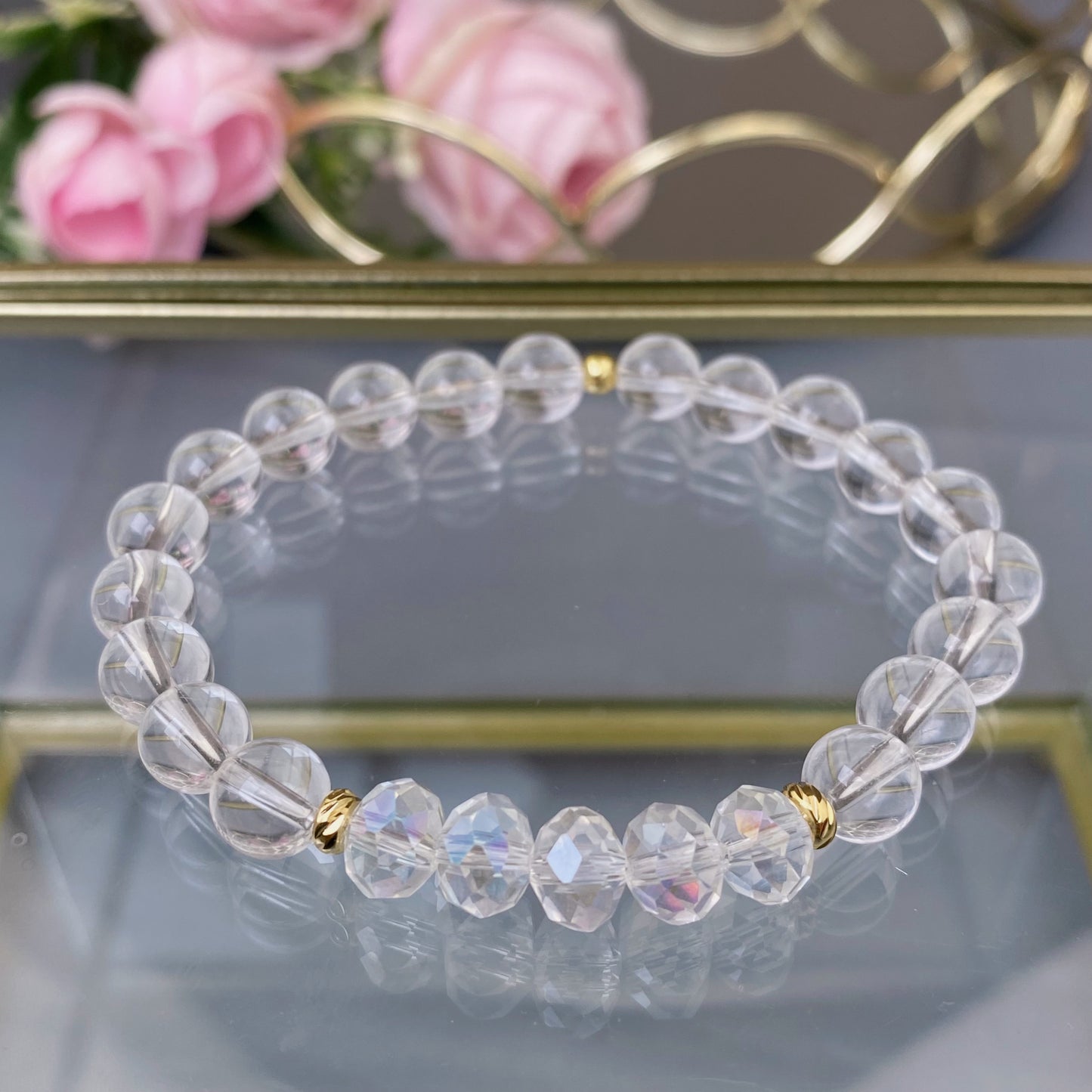 Clear Quartz bracelet with decorative crystals (Clear Quartz, 8mm)