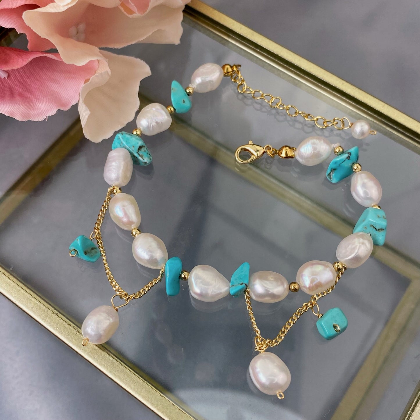 River Pearl Bracelet with Turquoise  (Pressed)