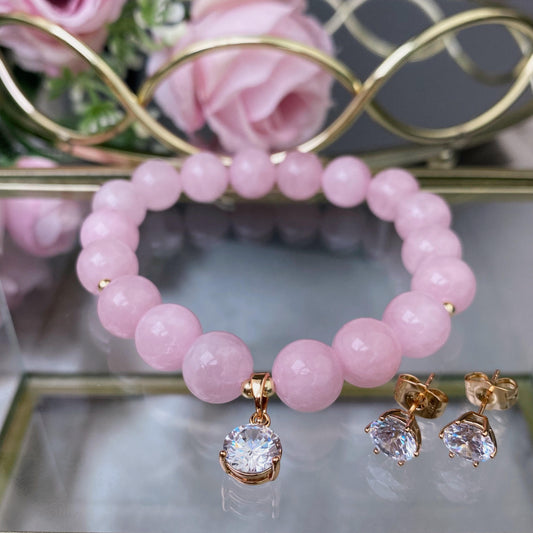 Madagascar Rose Quartz bracelet set with decorative crystals earrings